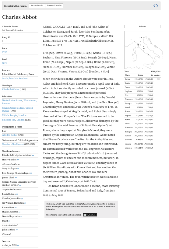 Screenshot of the Entry page for Charles Abbot in the Explorer, showing biographical and relational data on the left, the text of the Dictionary’s entry in the center, and a map and list of places on the right.