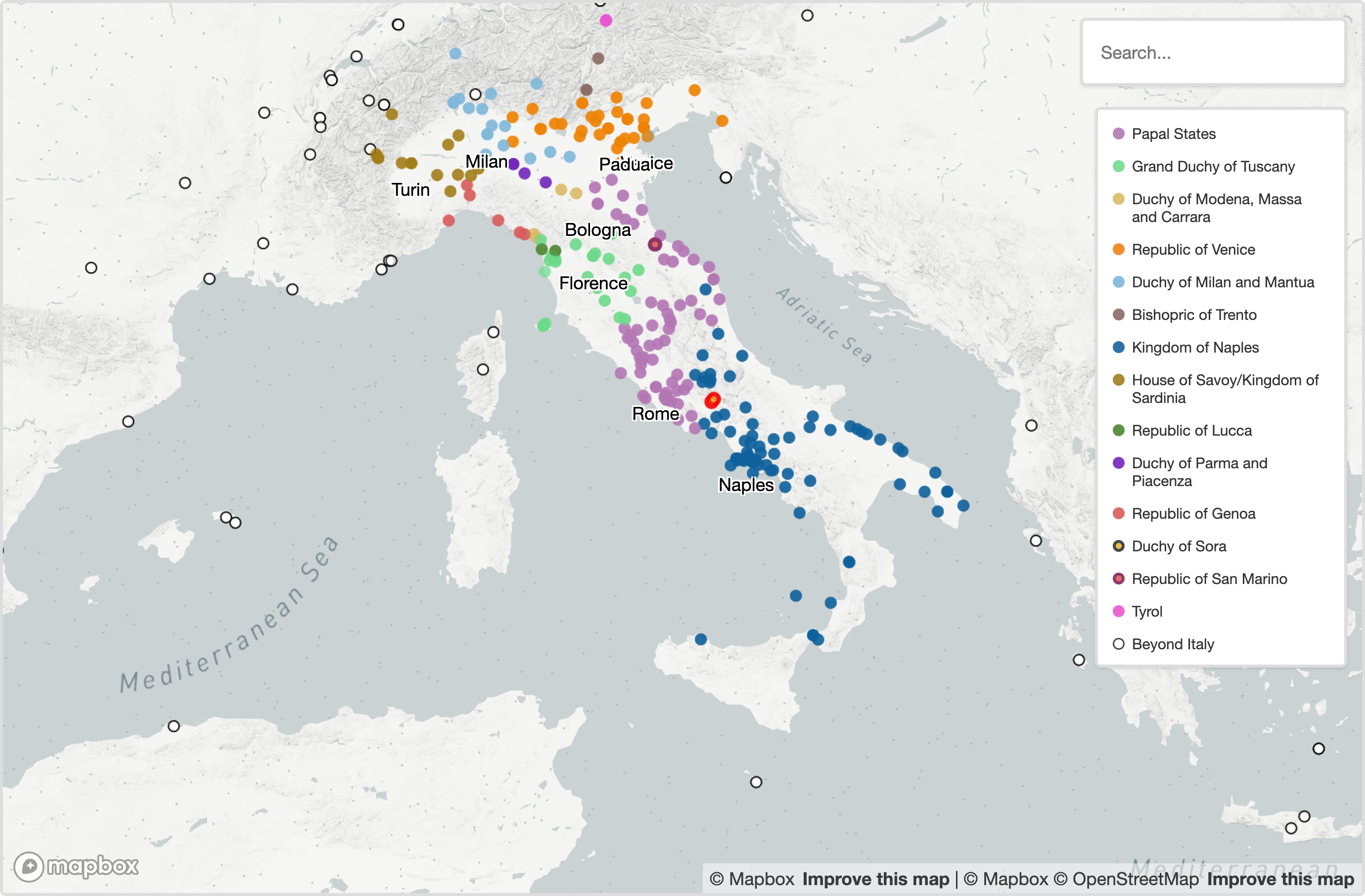 Screenshot of the Explorer’s map page, showing all places where travelers in the database are recorded having traveled using color-coded dots. These include locations outside of Italy, marked by white dots. The dot colors represent the thirteen politically independent states in which the Italian peninsula was divided in the eighteenth century.