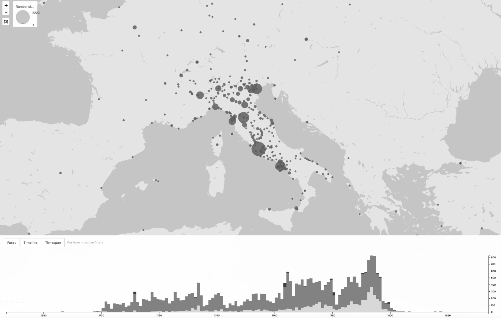 World map showing locations of data points. Highest density in Europe, followed by the Americas. Histogram below shows number of data points over time, peaking recently.