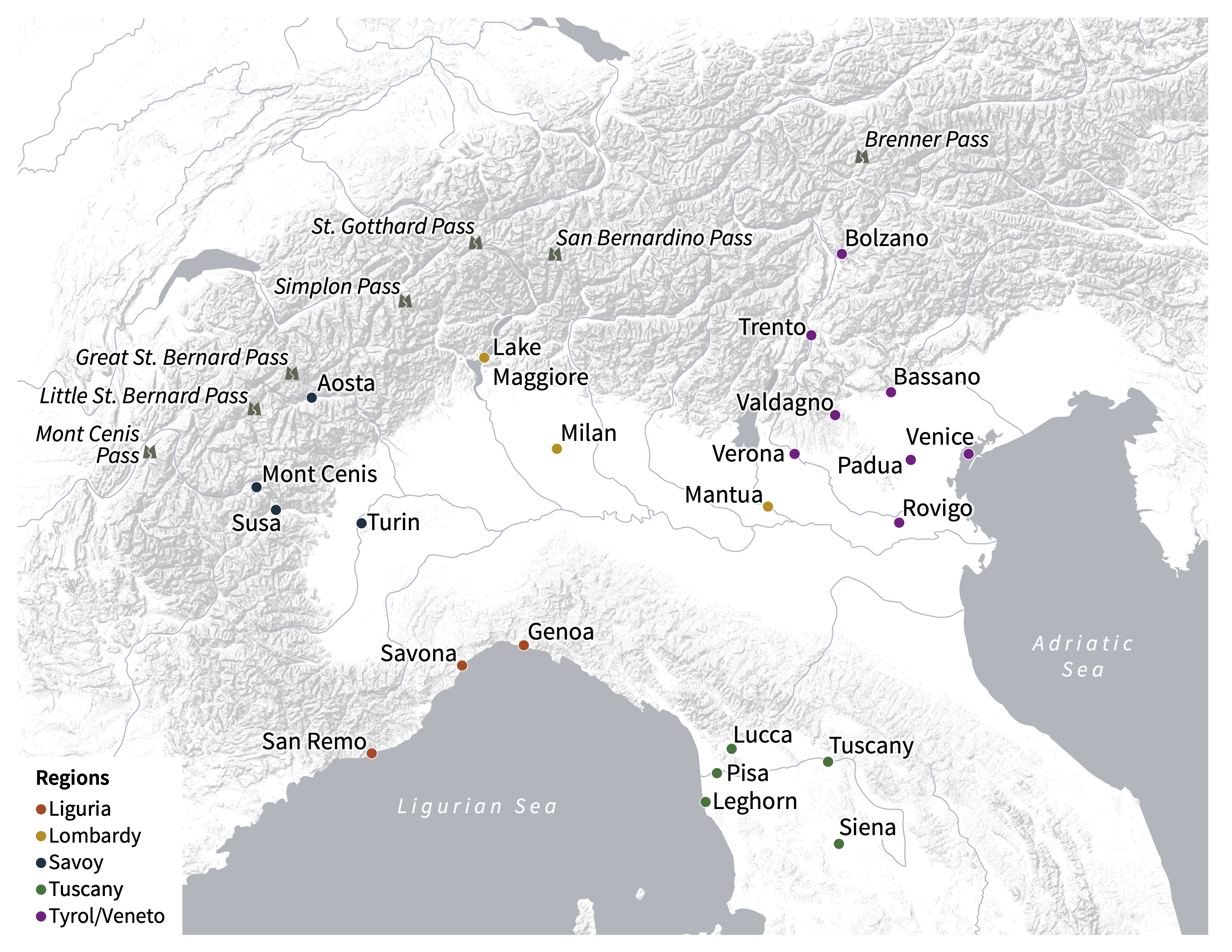 A relief map of Northern Italy showing major mountain passes, and cities categorized by color-coded regions. Passes identified include Brenner, St. Gotthard, San Bernardino, Simplon, Great St. Bernard, Little St. Bernard, and Mont Cenis. Cities labeled on the map include Milan, Venice, Genoa, Siena, and more. The map extends from the Ligurian Sea in the south to the Adriatic Sea in the east.