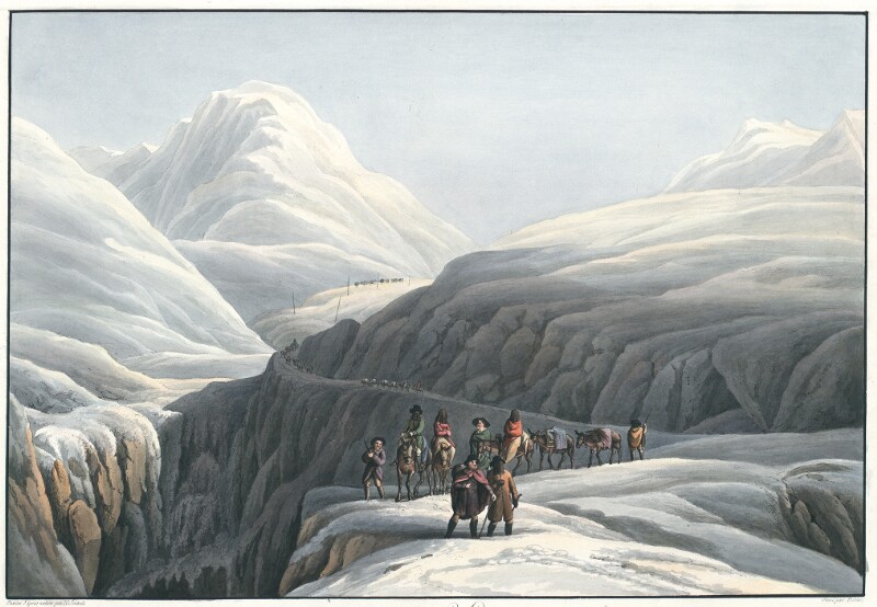 A snowy mountain landscape with icy rock formations. A group of people on foot and horseback travels along a path bordering a deep crevasse. The sky is pale grey and the overall color palette is cool tones of white, grey, and blue, giving a sense of a frigid, barren environment.